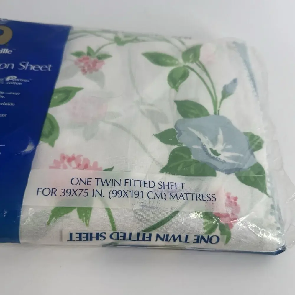 Vtg Danville Twin Fitted Sheet NOS Pink Rose FLORAL White Blue Polyester Cotton